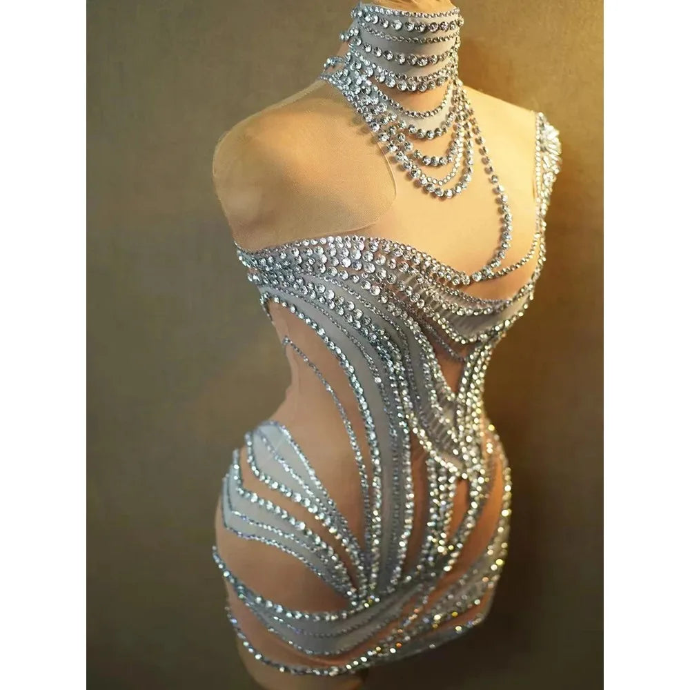 Sexy See Through Mesh Women Party Dress Birthday Sparkly Rhinestones Dinner Evening Dress Photo Shoot Sing Performance Costume
