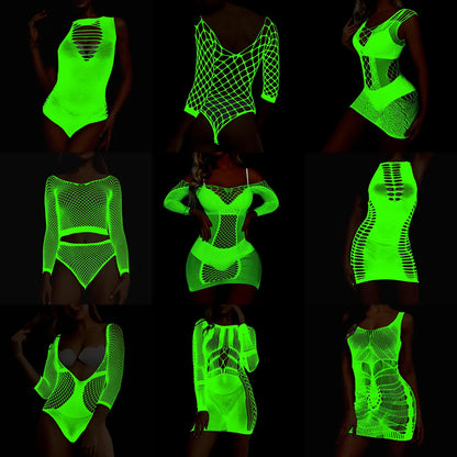 Pole Dance Clothing Luminous Glowing Lingerie Sexy Bodystocking Women Fishnet Gogo Dancer Outfit Rave Bodysuit Exotic Party
