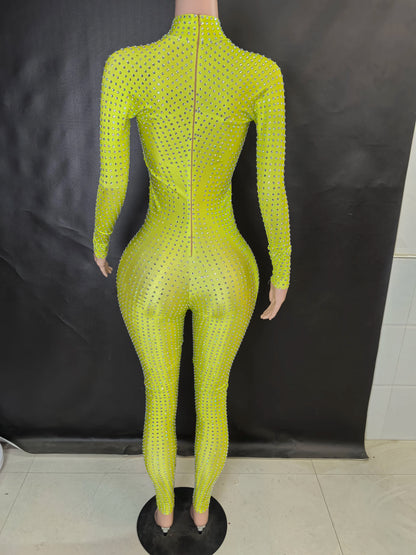 Sparkly Long Sleeve Crystal Rompers Pole DanceBodycon Bodysuits Stage Performance WearWomen Party One Piece Jumpsuits  7G