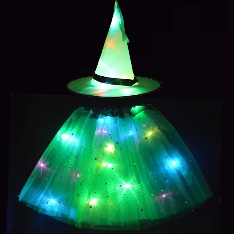 Women Kids Girl Luminous LED Glow Light Up Elf Witch Hat Star Skirt Spider Web Tutu Wizard Costume Party Gift Halloween Festival