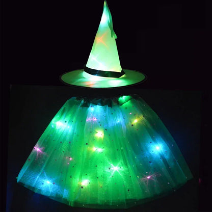 Women Kids Girl Luminous LED Glow Light Up Elf Witch Hat Star Skirt Spider Web Tutu Wizard Costume Party Gift Halloween Festival