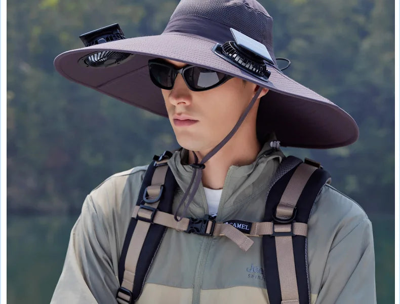 Summer New Dual Solar Fan Hat For Men Outdoor Fishing Sun Protection Visor Hat Large Brim Quick Drying Waterproof Bucket Hat