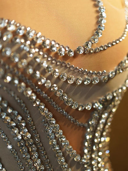 Sexy See Through Mesh Women Party Dress Birthday Sparkly Rhinestones Dinner Evening Dress Photo Shoot Sing Performance Costume