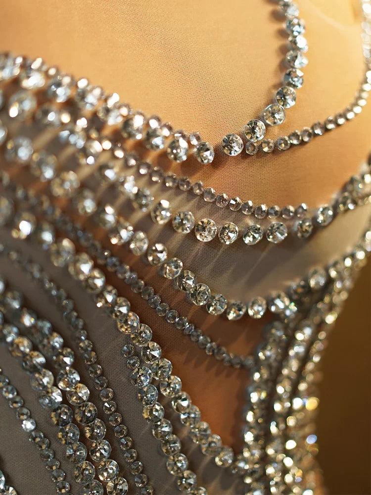 Sexy See Through Mesh Women Party Dress Birthday Sparkly Rhinestones Dinner Evening Dress Photo Shoot Sing Performance Costume