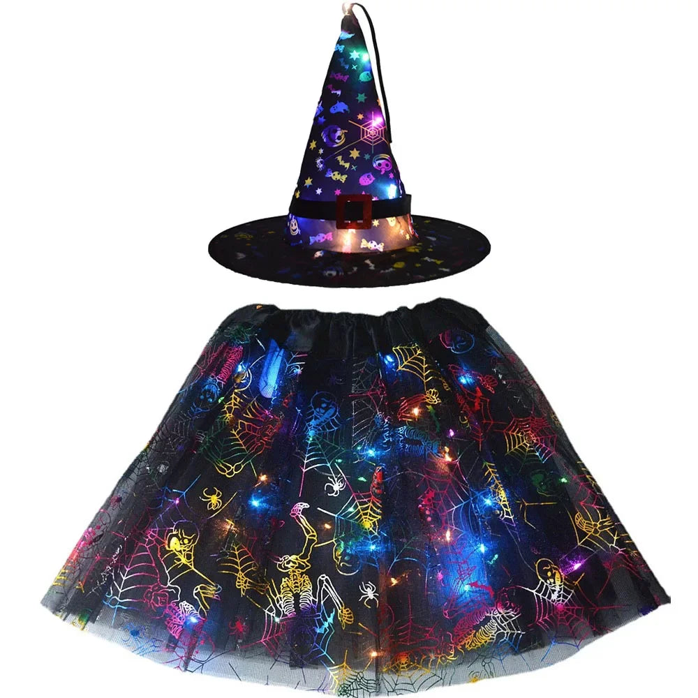 Women Kids Girl Luminous LED Glow Light Up Elf Witch Hat Star Skirt Spider Web Tutu Wizard Costume Party Gift Halloween Festival