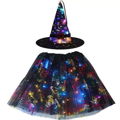 Women Kids Girl Luminous LED Glow Light Up Elf Witch Hat Star Skirt Spider Web Tutu Wizard Costume Party Gift Halloween Festival