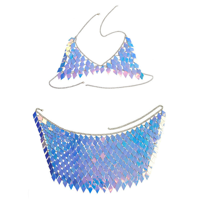 Sequins Skirt Set Women Festival Party Rave Outfit Backless Sexy Body Chain Nightclub Gogo Dancer Costume Summer Beach Wear Jazz
