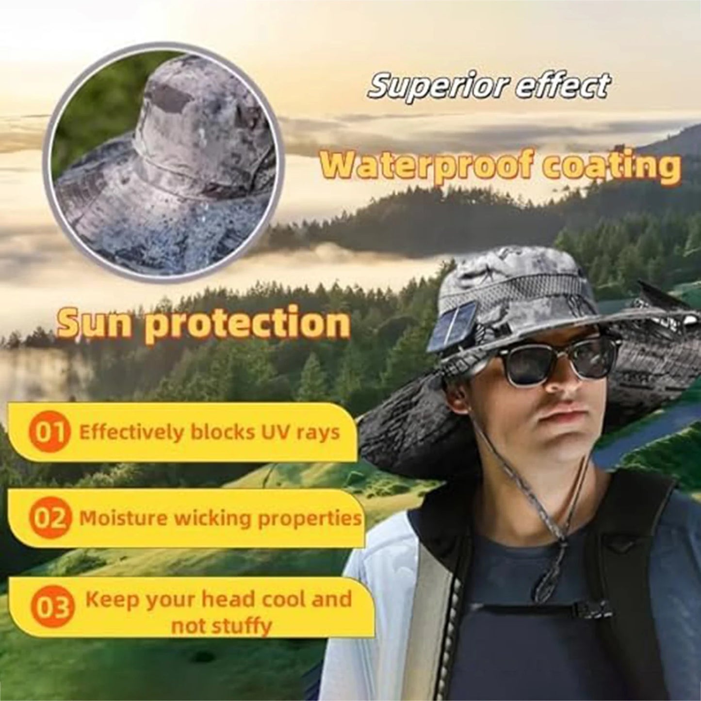 Mens Wide Brim Solar Fan Hat Outdoor 50+Upf Protection Sun Hats With 2 Solar Fan Hiking Fishing Solar Powered Visor Cap Dropping