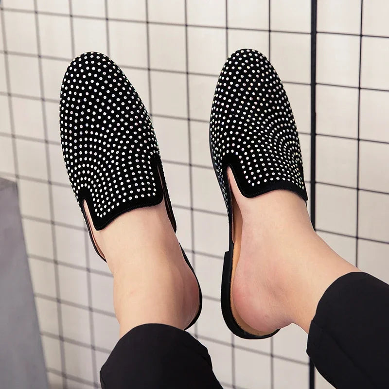 Luxury Glitter Rhinestone Leather Shoes Men Designer Outerwear Mules Casual Slides Slippers Sandals Male Fashion Shoes for Men