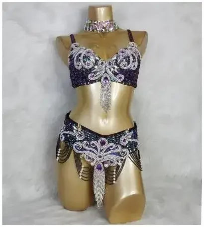 Crystal Belly Dance Costume Samba show bikini Wear Bar+Belt 2pc Set Ladies Bellydancing Costumes Carnival women gogo costumes