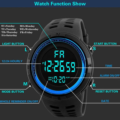 YIKAZE Men's Digital Electronic Watch Sports Glow 50mm Large Dial Student Outdoor Adventure Trend Multifunctional Watches Clock