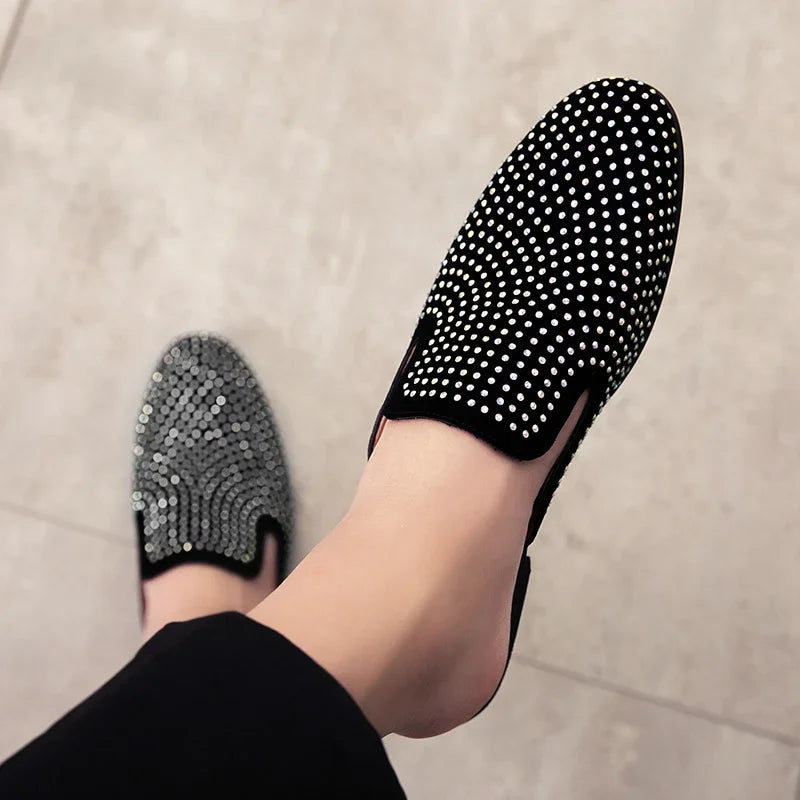 Luxury Glitter Rhinestone Leather Shoes Men Designer Outerwear Mules Casual Slides Slippers Sandals Male Fashion Shoes for Men