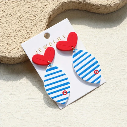 Ocean Blue Striped Print Fish Tail Acrylic Stud Earrings for Women Cute Beach Vacation Design Earrings Party Jewelry Gifts
