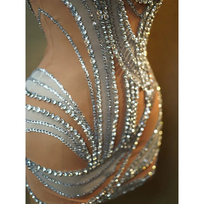 Sexy See Through Mesh Women Party Dress Birthday Sparkly Rhinestones Dinner Evening Dress Photo Shoot Sing Performance Costume