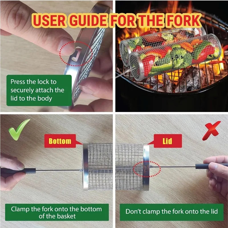 2PCS 304 Stainless Steel Rotating Grill Basket Cylinder - BBQ Rotisserie Cage for Outdoor Cooking,Food-Grade Portable Grill Mesh