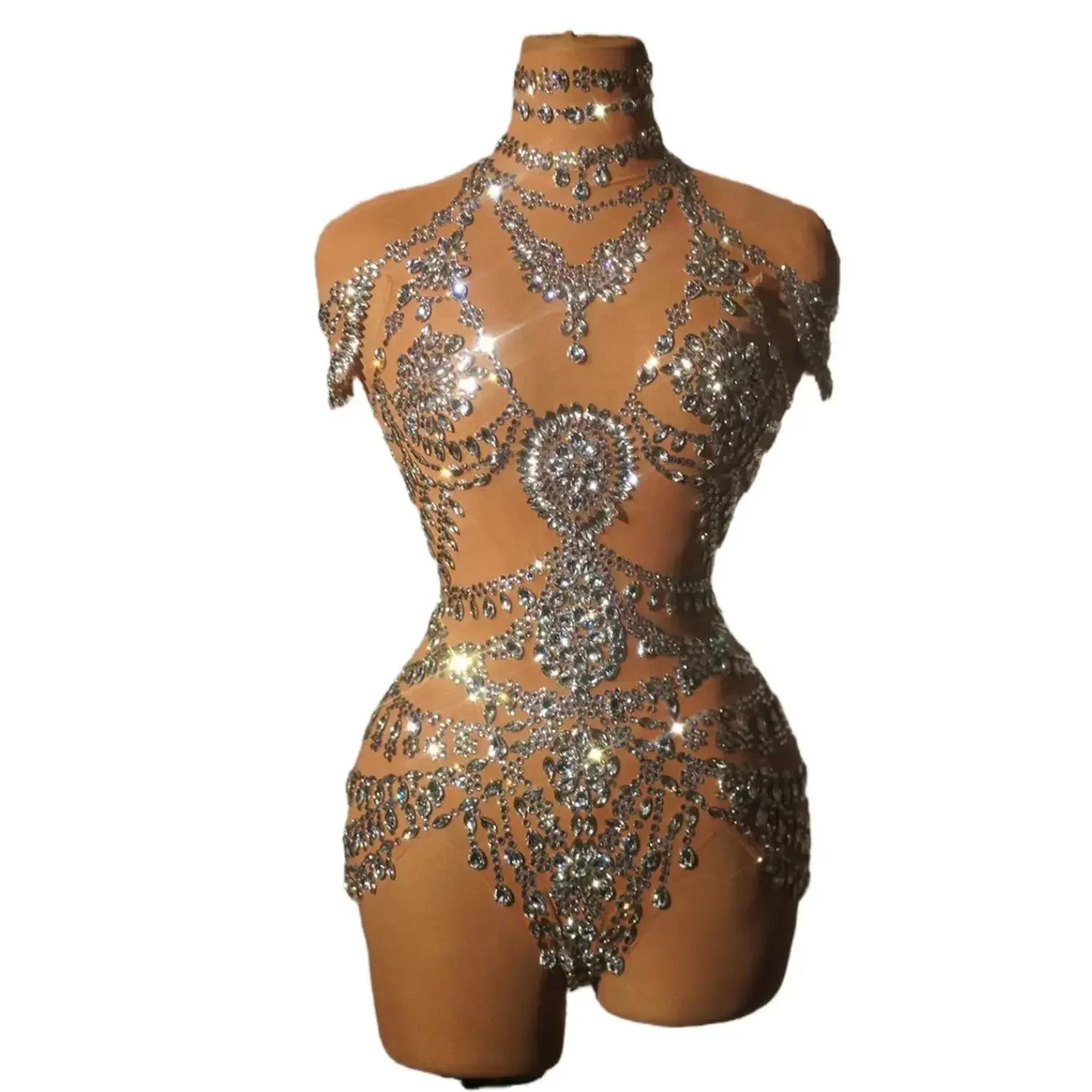 Club Birthday Leotard Dancer Playsuit Performance Wear Mesh Rhinestone Jumpsuit Sexy Women See Through Crystal Bodysuits