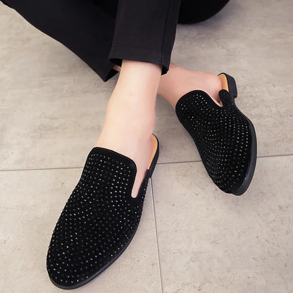 Luxury Glitter Rhinestone Leather Shoes Men Designer Outerwear Mules Casual Slides Slippers Sandals Male Fashion Shoes for Men