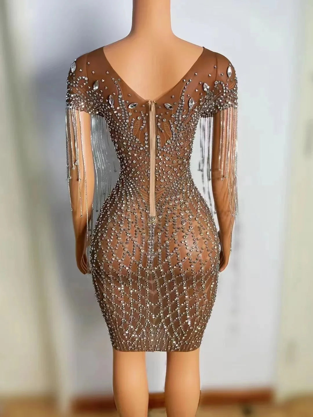 Sexy Silver Rhinestones Fringes Transparent Brown Mesh Stretch Dress Evening Birthday Celebrate Outfit Sexy Performance Dress