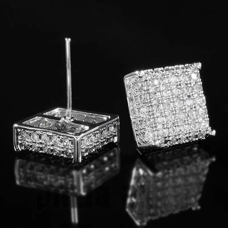 Huitan Women Men Stud Earrings Classic Square Shaped Ear Stud Piercing Sparkling Cubic Zirconia Daily Wearable Versatile Jewelry
