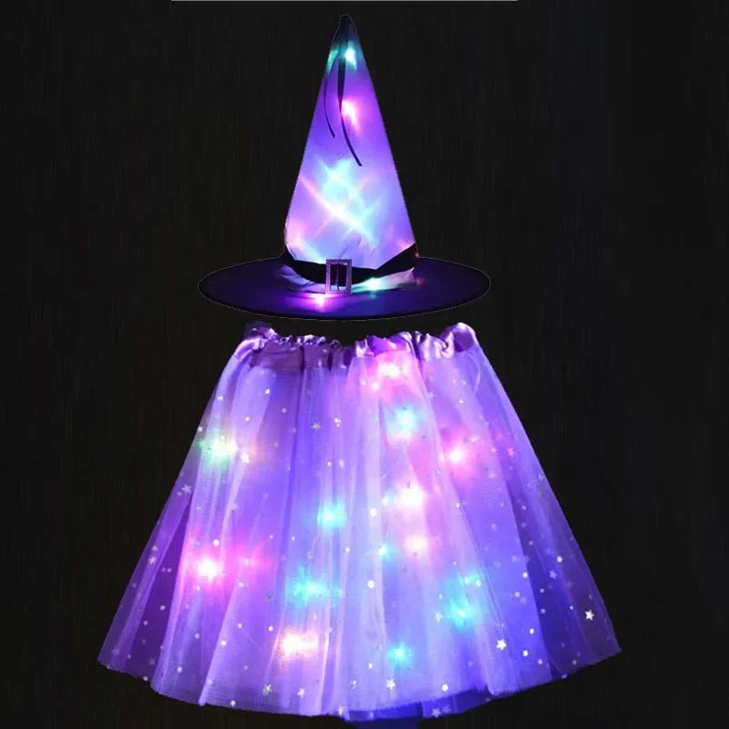 Women Kids Girl Luminous LED Glow Light Up Elf Witch Hat Star Skirt Spider Web Tutu Wizard Costume Party Gift Halloween Festival