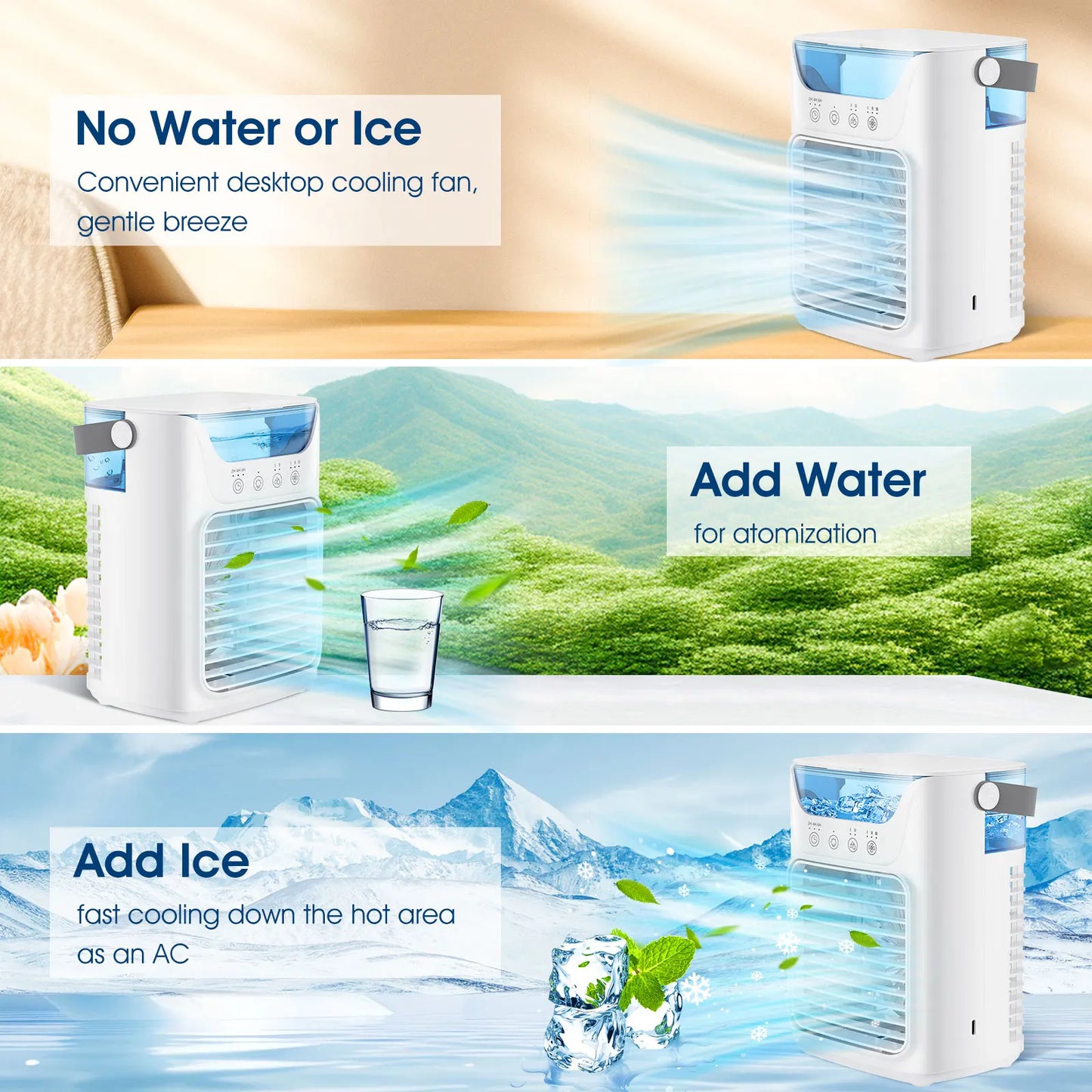 Portable Air Conditioners Fan Desktop Air Cooler 3 in 1 Humidifier Water Mist Fan LED Night Light USB Charging for Home Camping