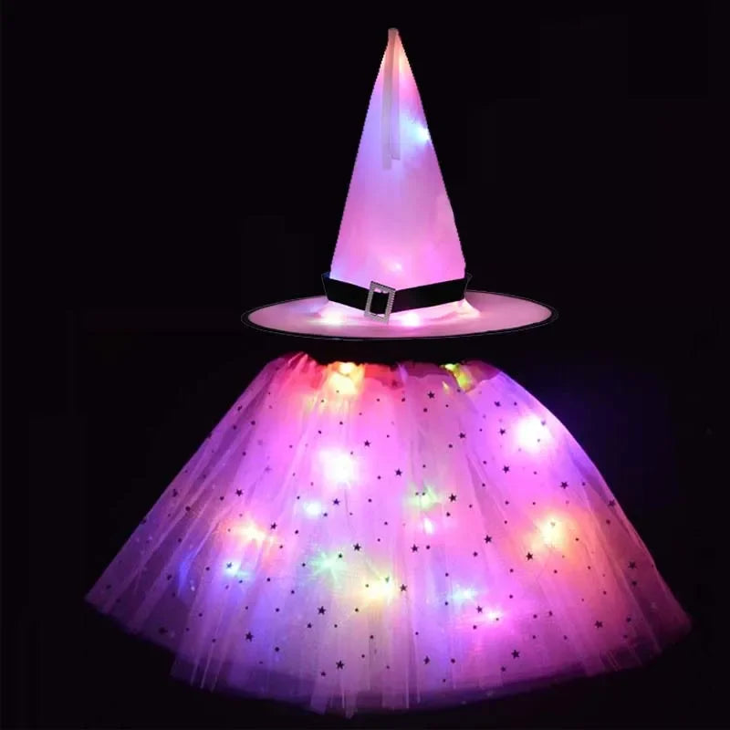 Women Kids Girl Luminous LED Glow Light Up Elf Witch Hat Star Skirt Spider Web Tutu Wizard Costume Party Gift Halloween Festival