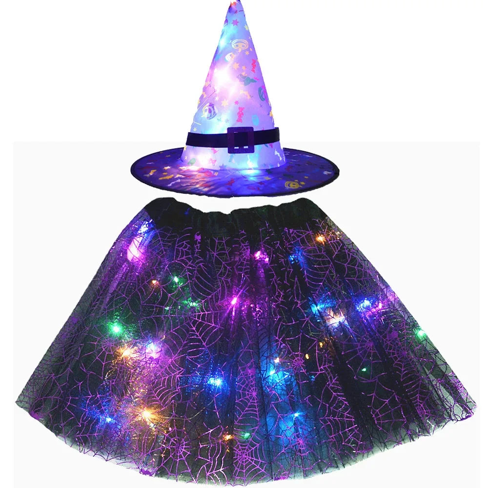 Women Kids Girl Luminous LED Glow Light Up Elf Witch Hat Star Skirt Spider Web Tutu Wizard Costume Party Gift Halloween Festival