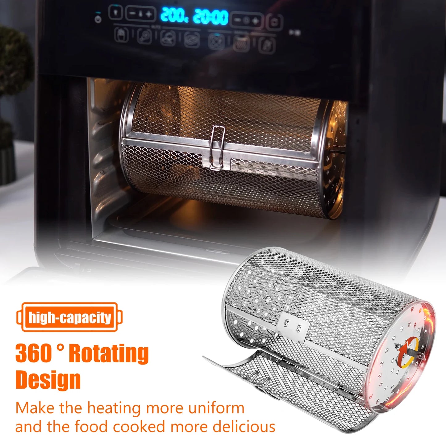 Rotisserie Basket 360° Rotated Stainless Steel Rotisserie Grill Roaster Non-Stick Washable Heat Resistant Oven Round Rack Basket