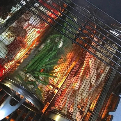 2PCS 304 Stainless Steel Rotating Grill Basket Cylinder - BBQ Rotisserie Cage for Outdoor Cooking,Food-Grade Portable Grill Mesh