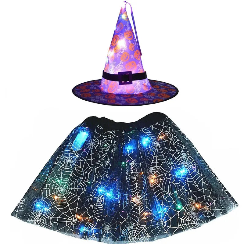 Women Kids Girl Luminous LED Glow Light Up Elf Witch Hat Star Skirt Spider Web Tutu Wizard Costume Party Gift Halloween Festival