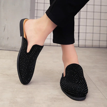 Luxury Glitter Rhinestone Leather Shoes Men Designer Outerwear Mules Casual Slides Slippers Sandals Male Fashion Shoes for Men