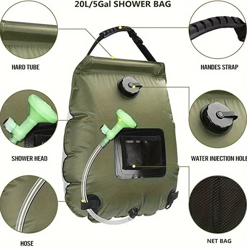 5-gallon solar-heated camping shower bag - Portable bath bag, suitable for outdoor travel, climbing, hiking, beach and swimming
