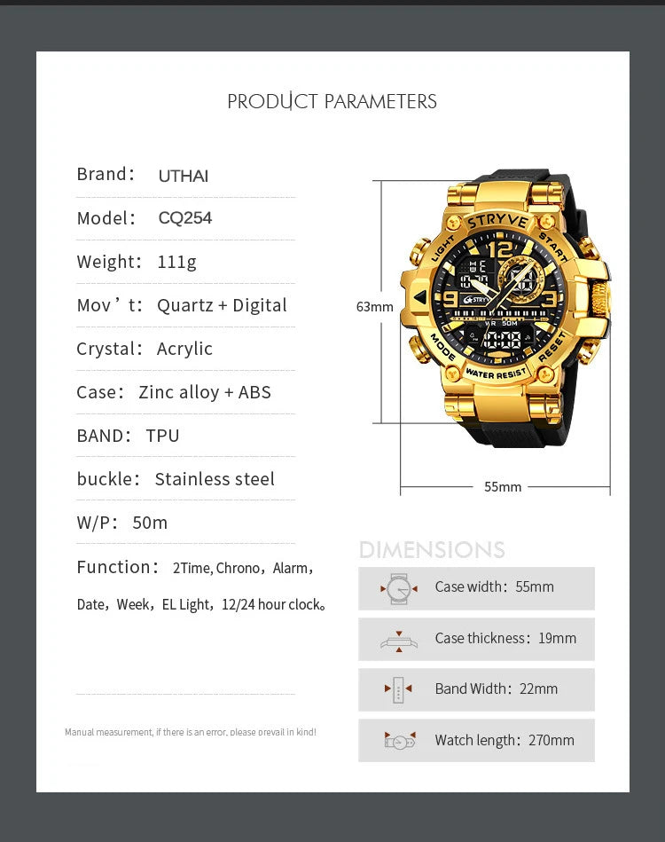 UTHAI CQ254 Fashion Sports electronics Watch Colorful Night Light Man watch Waterproof Multi functional Clock watches for man