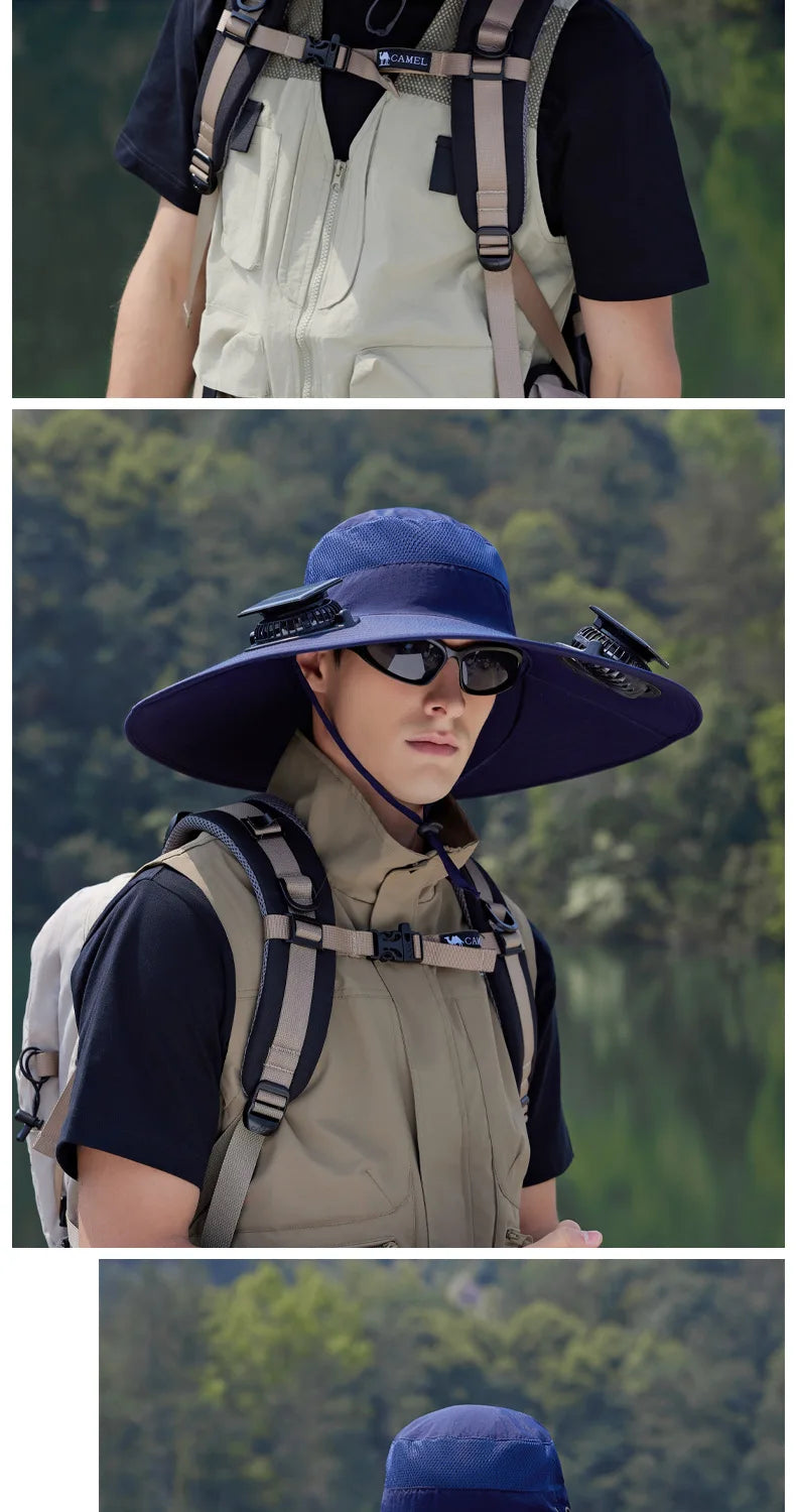 Summer New Dual Solar Fan Hat For Men Outdoor Fishing Sun Protection Visor Hat Large Brim Quick Drying Waterproof Bucket Hat