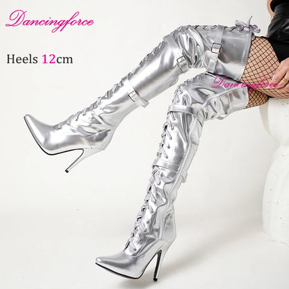 Dancingforce Sexy Long Boots Women Pink Over The Knee High Heels Luxury Design Dance Shoes Stiletto Thigh High Boots