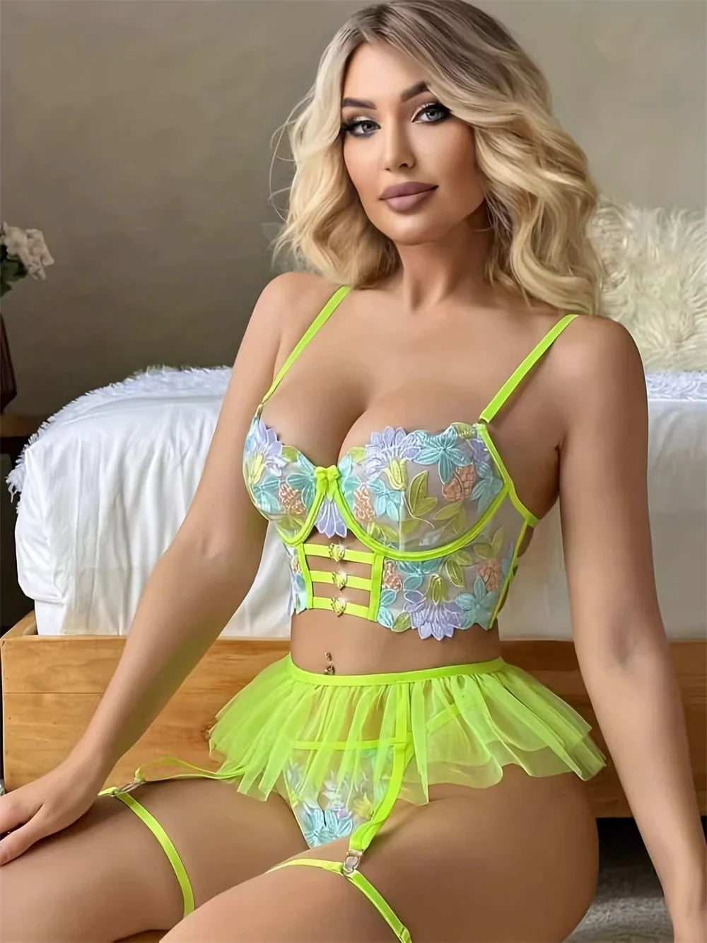 2025 Wholesale Women's Sexy Mesh See-through Lingerie Bikini Sets Adult Lady Pushed Up Nude Underwear Hot Open Crotch Tutu Dress