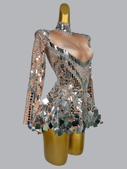 Women's Sexy Stage Rhinestones Mirrors Bodysuit Birthday Celebrate Party Outfit Singer Dancer Show Leotard Performance Costume