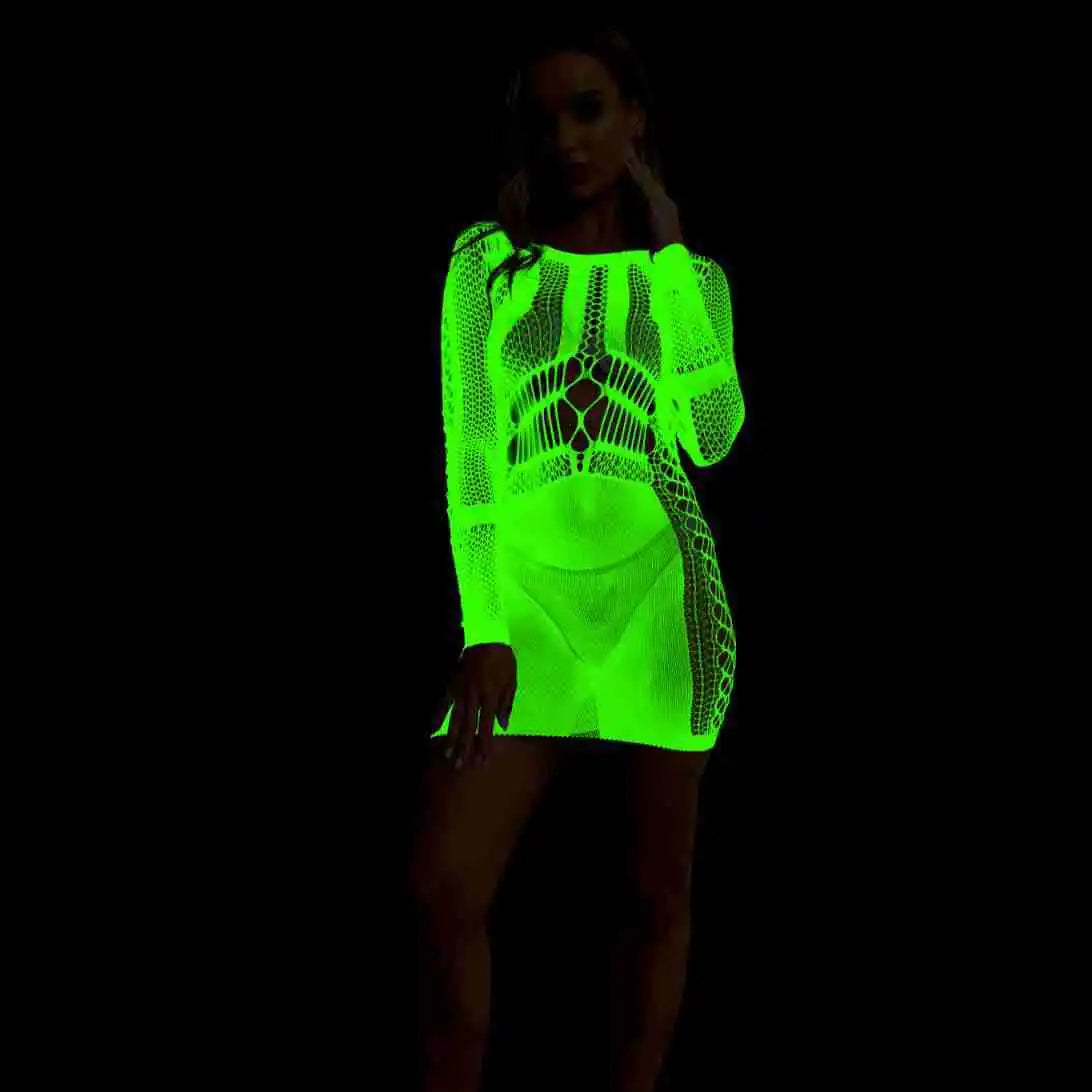 Pole Dance Clothing Luminous Glowing Lingerie Sexy Bodystocking Women Fishnet Gogo Dancer Outfit Rave Bodysuit Exotic Party