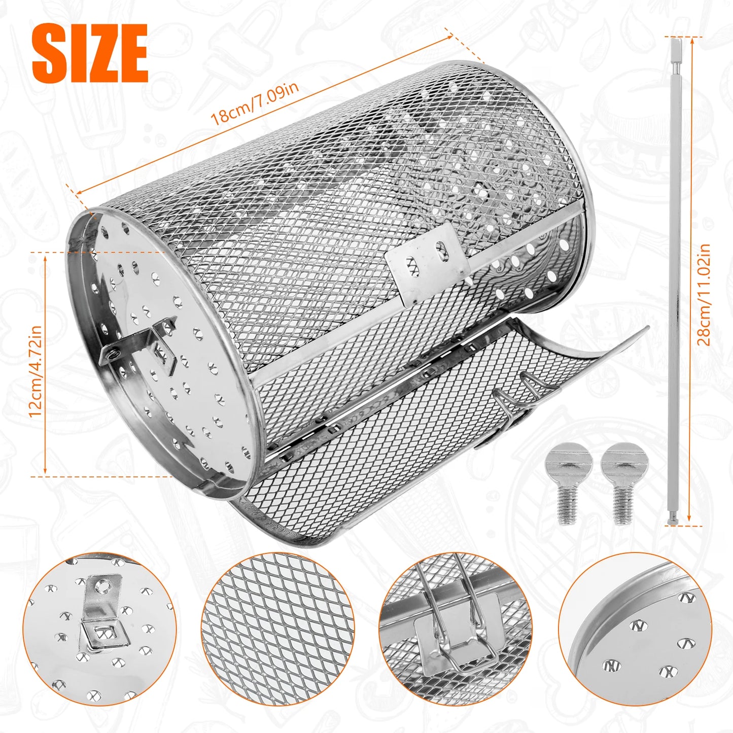 Rotisserie Basket 360° Rotated Stainless Steel Rotisserie Grill Roaster Non-Stick Washable Heat Resistant Oven Round Rack Basket