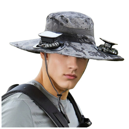Mens Wide Brim Solar Fan Hat Outdoor 50+Upf Protection Sun Hats With 2 Solar Fan Hiking Fishing Solar Powered Visor Cap Dropping