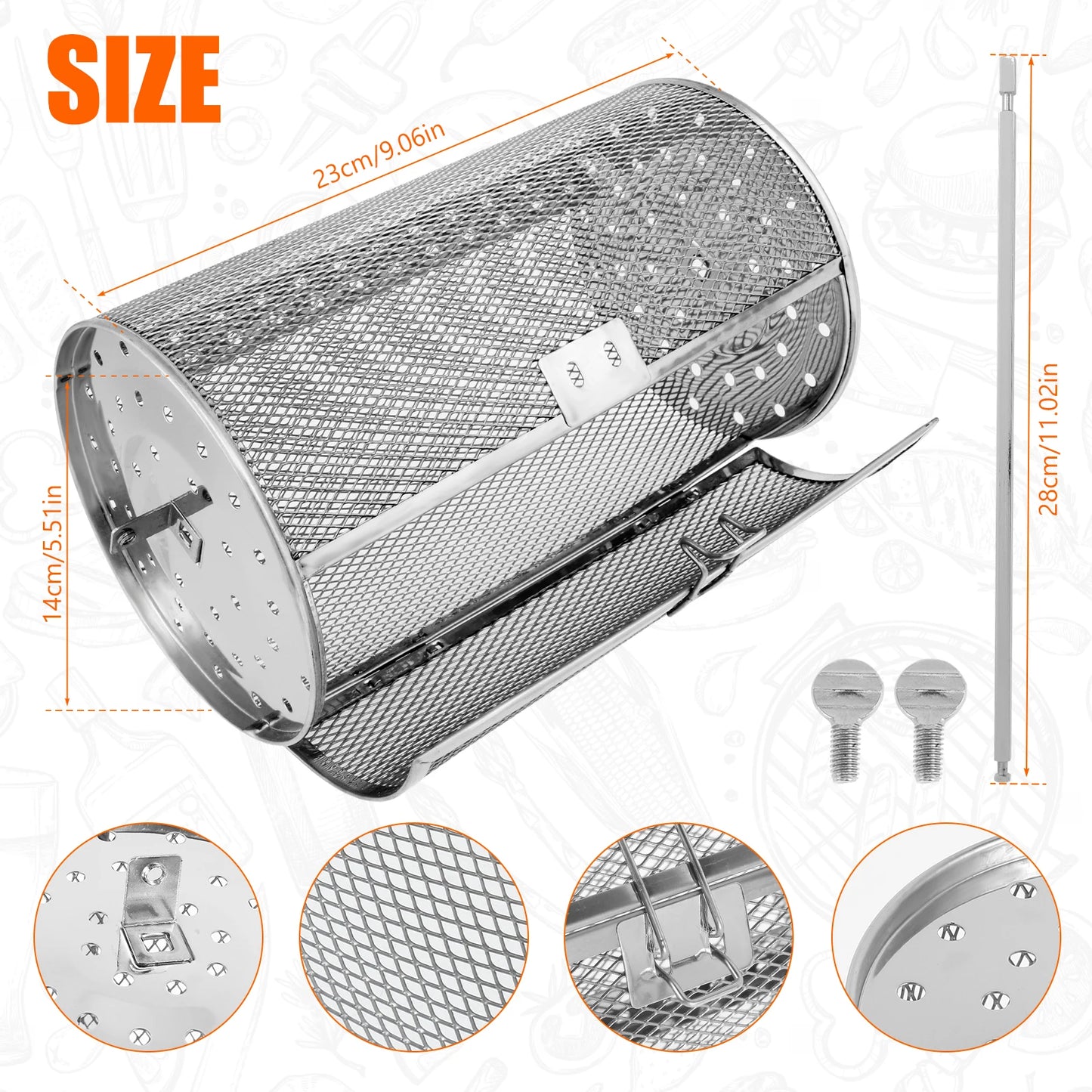 Rotisserie Basket 360° Rotated Stainless Steel Rotisserie Grill Roaster Non-Stick Washable Heat Resistant Oven Round Rack Basket