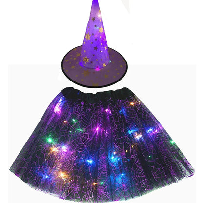 Women Kids Girl Luminous LED Glow Light Up Elf Witch Hat Star Skirt Spider Web Tutu Wizard Costume Party Gift Halloween Festival