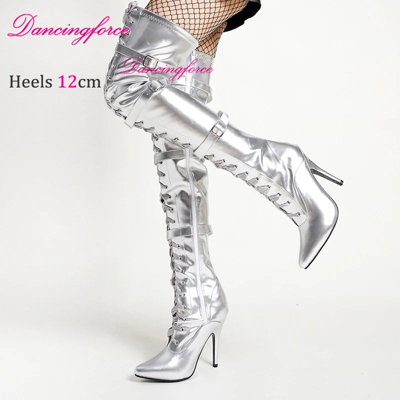 Dancingforce Sexy Long Boots Women Pink Over The Knee High Heels Luxury Design Dance Shoes Stiletto Thigh High Boots
