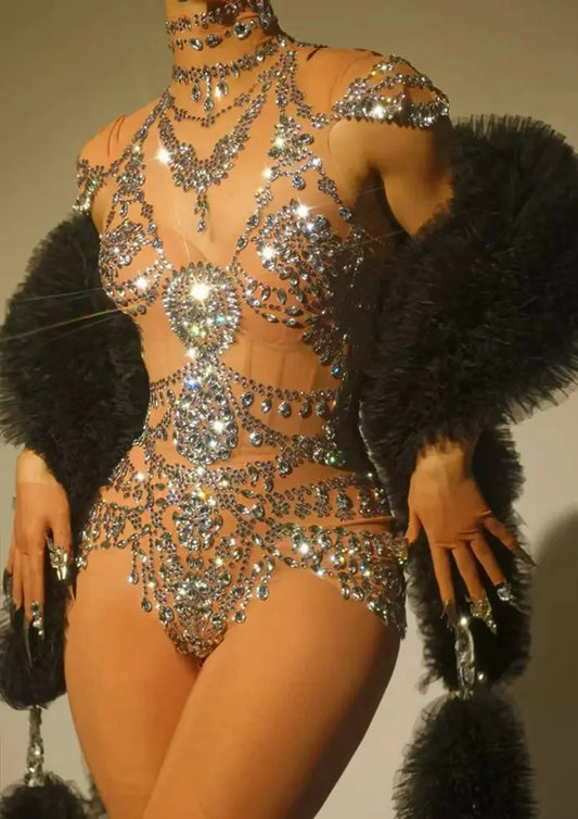 Club Birthday Leotard Dancer Playsuit Performance Wear Mesh Rhinestone Jumpsuit Sexy Women See Through Crystal Bodysuits