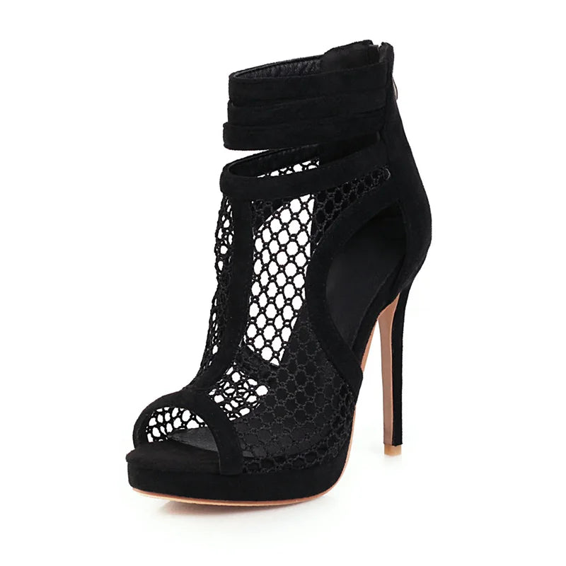 Peep Toe Mesh Sandals Women Sexy Summer Shoes Breathable Cool Party Dance Shoes High Heel Ankle Boots For Women Large Size 45