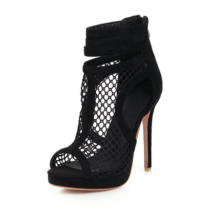 Peep Toe Mesh Sandals Women Sexy Summer Shoes Breathable Cool Party Dance Shoes High Heel Ankle Boots For Women Large Size 45