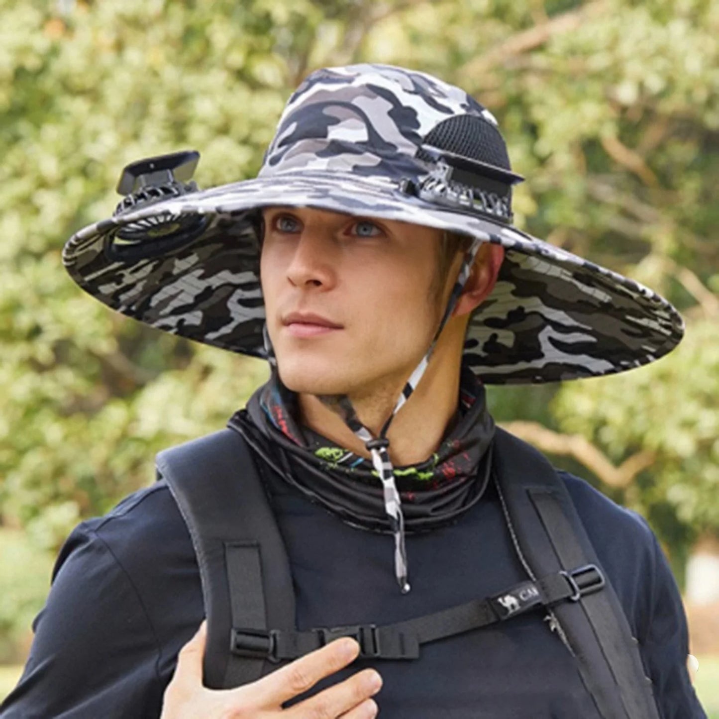 Mens Wide Brim Solar Fan Hat Outdoor 50+Upf Protection Sun Hats With 2 Solar Fan Hiking Fishing Solar Powered Visor Cap Dropping