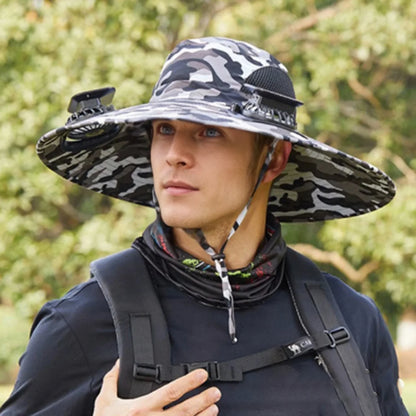 Mens Wide Brim Solar Fan Hat Outdoor 50+Upf Protection Sun Hats With 2 Solar Fan Hiking Fishing Solar Powered Visor Cap Dropping