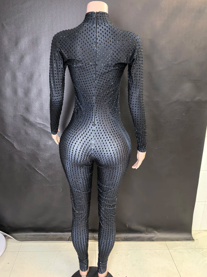 Sparkly Long Sleeve Crystal Rompers Pole DanceBodycon Bodysuits Stage Performance WearWomen Party One Piece Jumpsuits  7G
