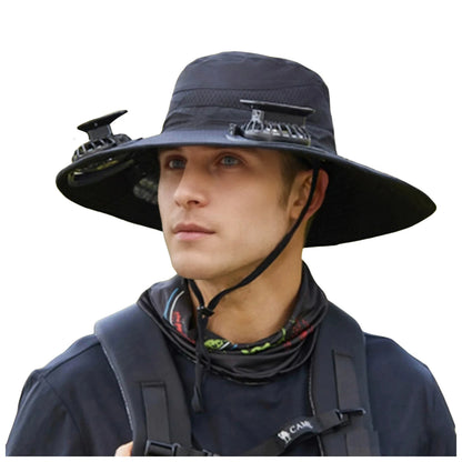 Mens Wide Brim Solar Fan Hat Outdoor 50+Upf Protection Sun Hats With 2 Solar Fan Hiking Fishing Solar Powered Visor Cap Dropping